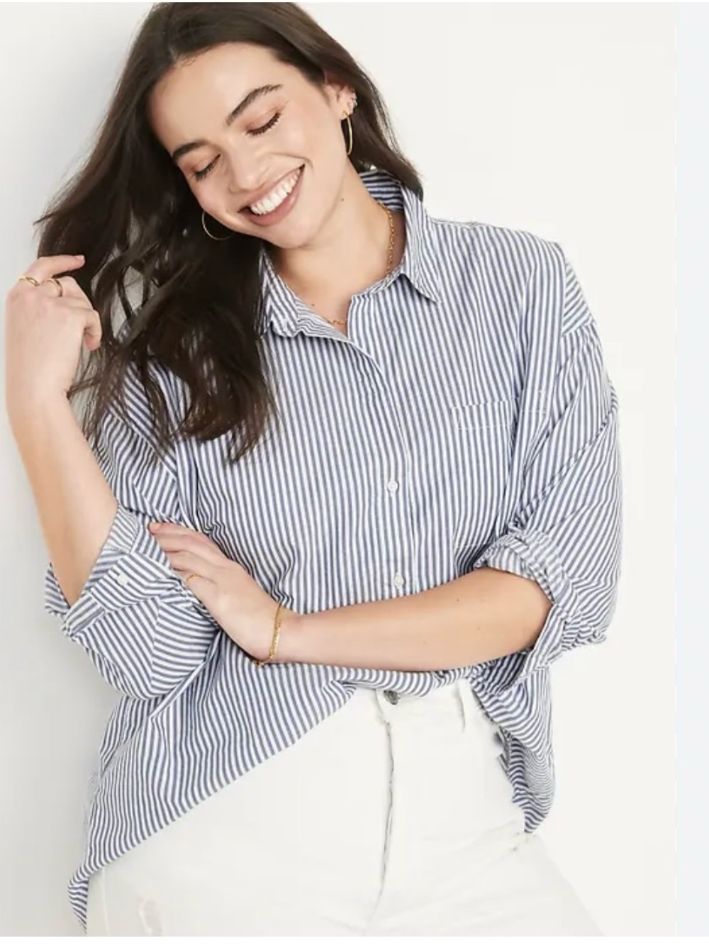 Old Navy Blue and White Striped Button-Down Boyfriend Shirt